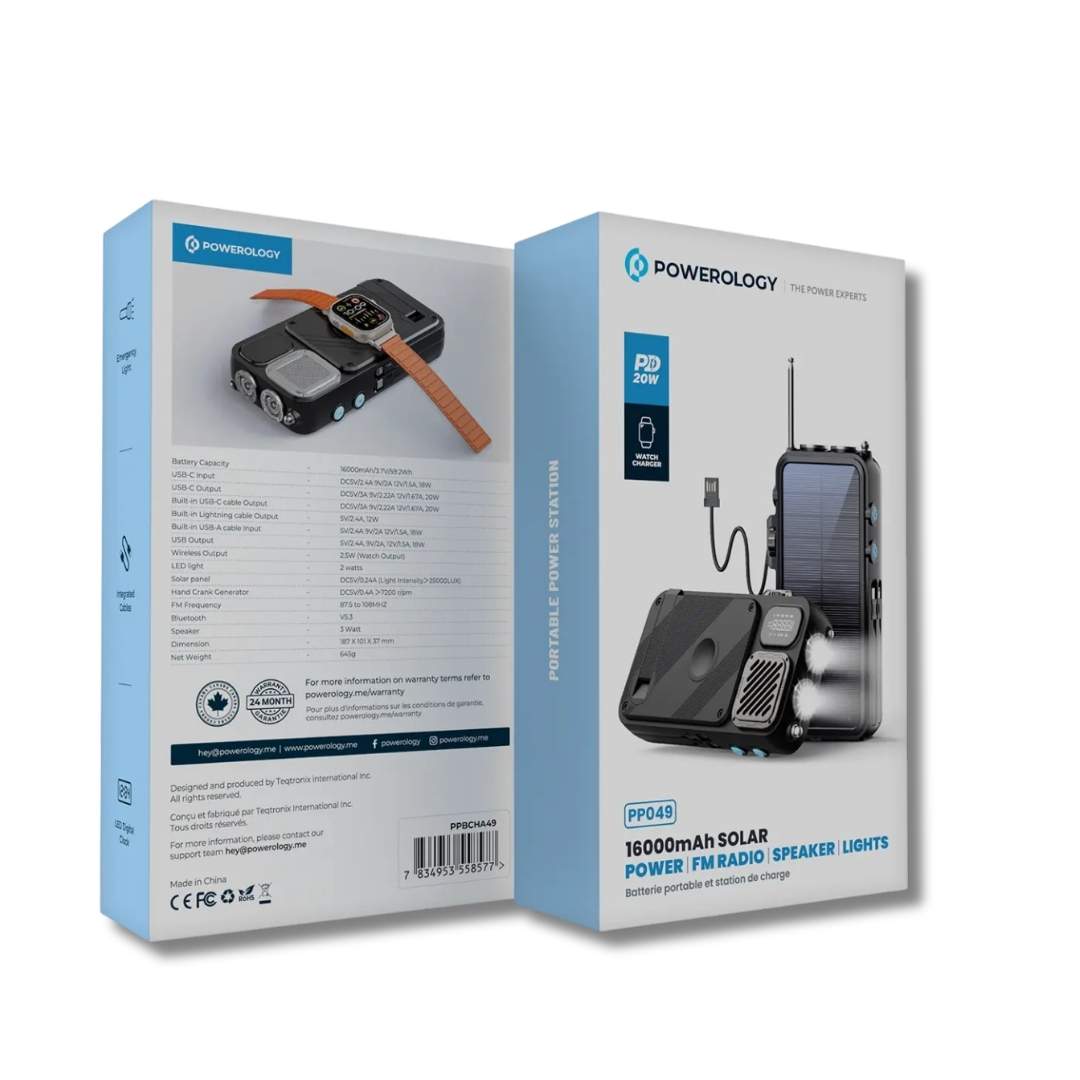 Powerology 16000mAh Solar Power Bank with FM Radio Speaker and Lights