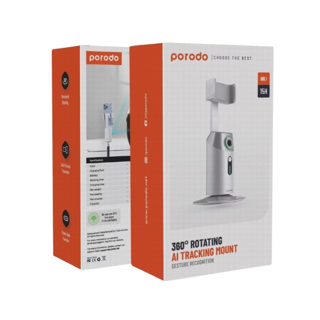 Porodo 360° Rotation AI Face Tracking Mount with Remote Control