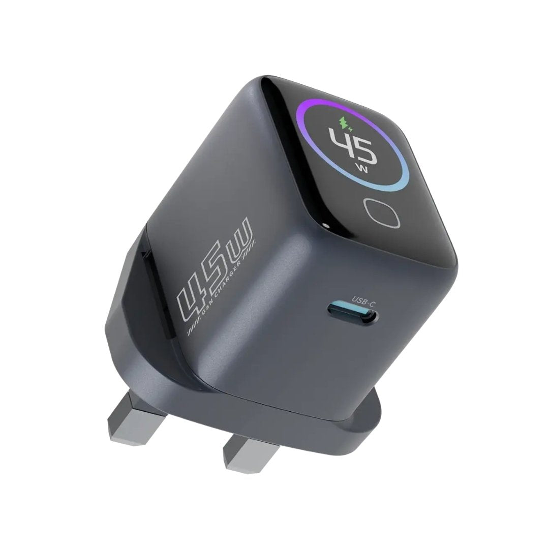 Powerology Voltflow 45W AVS GaN Wall Charger — Smart TFT Display Gray