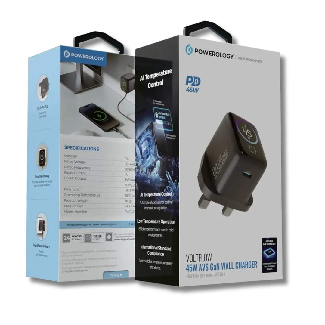 Powerology Voltflow 45W AVS GaN Wall Charger — Smart TFT Display Gray