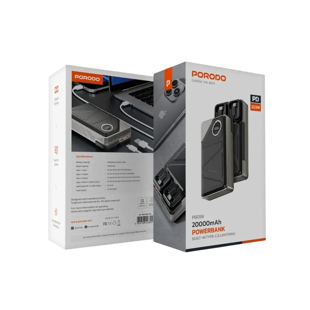 Porodo 20000mAh Power Bank with Built-in Dual Cables