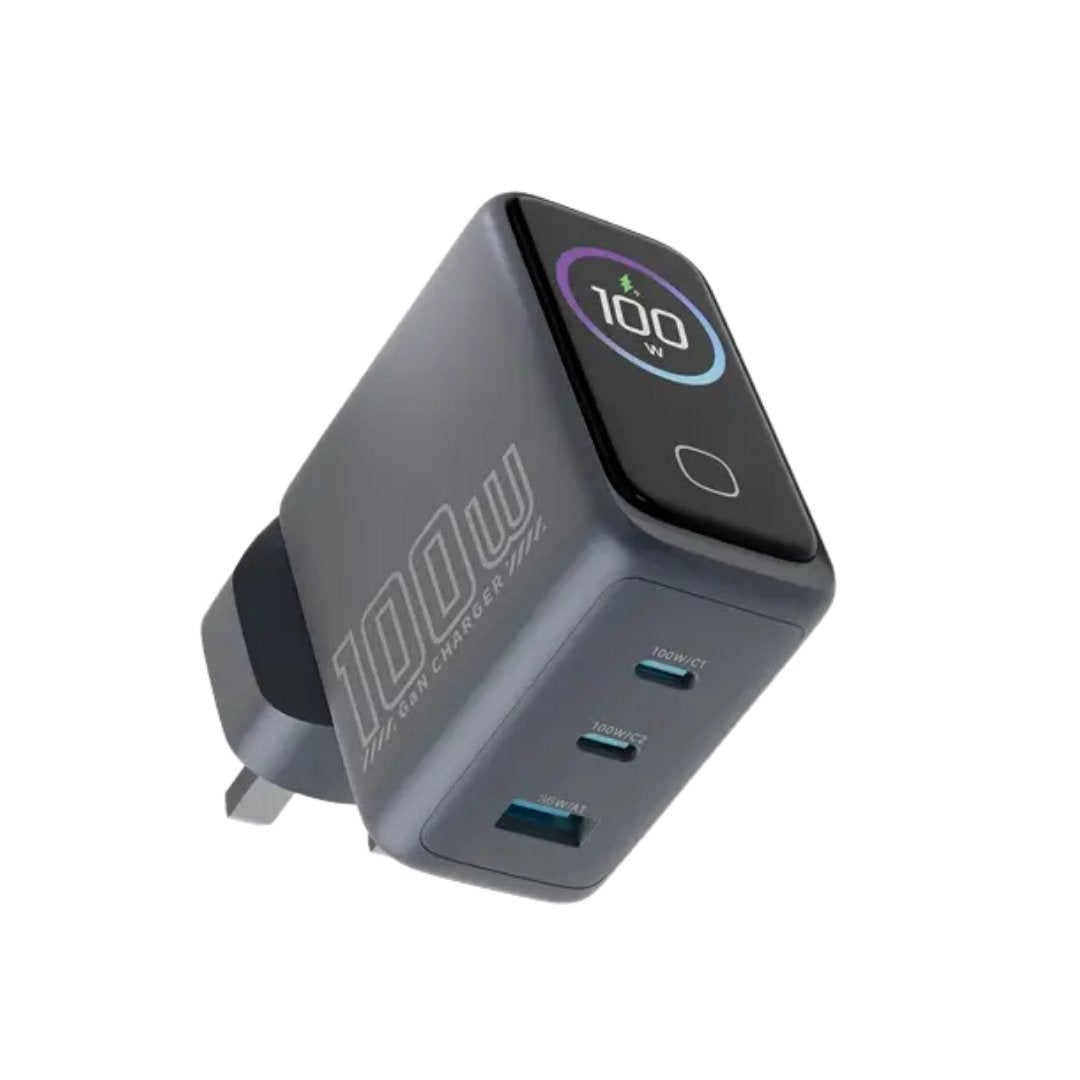Powerology Voltflow 100W AVS GaN Wall Charger — Multi-Port TFT Display Gray