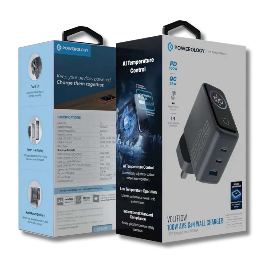 Powerology Voltflow 100W AVS GaN Wall Charger — Multi-Port TFT Display Gray