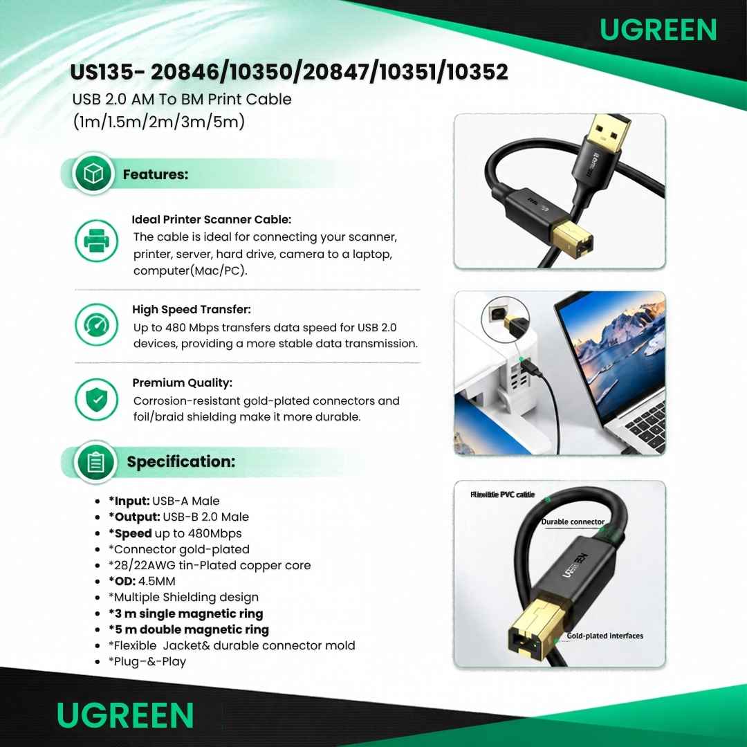UGREEN US135 USB 2.0 A to B Printer Cable - 2m