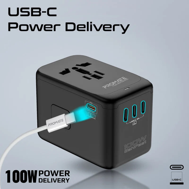 Promate TripMate GaN100 100W Travel Adapter
