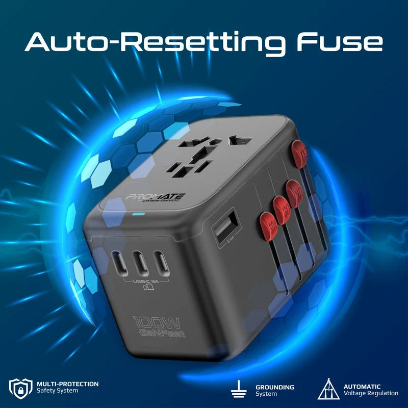 Promate TripMate GaN100 100W Travel Adapter