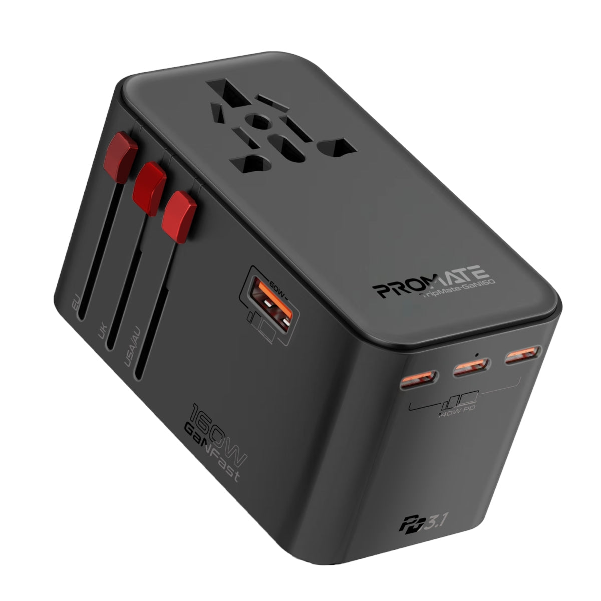 Promate TripMate GaN160 160W GaN travel adapter