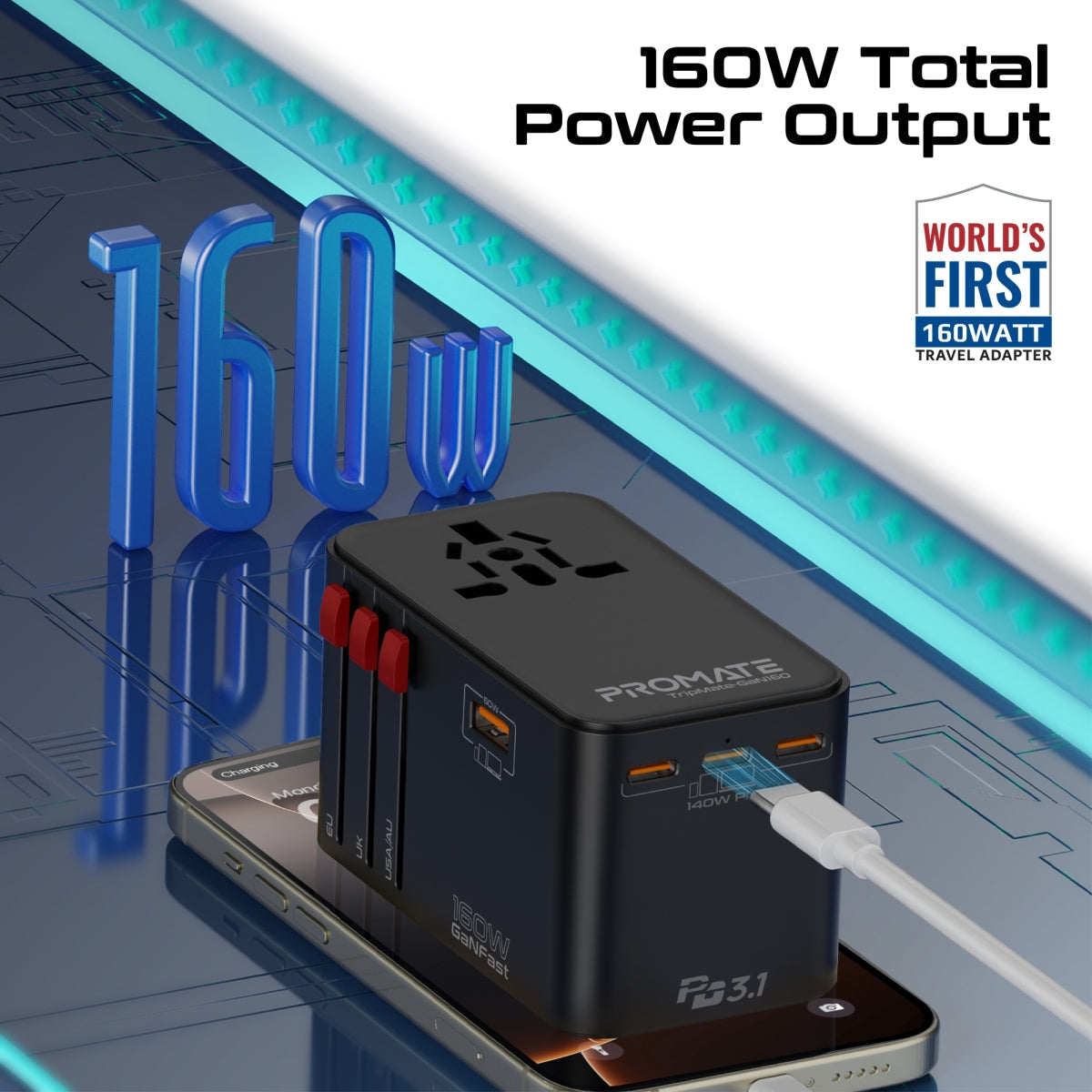 Promate TripMate GaN160 ports and slide out plugs