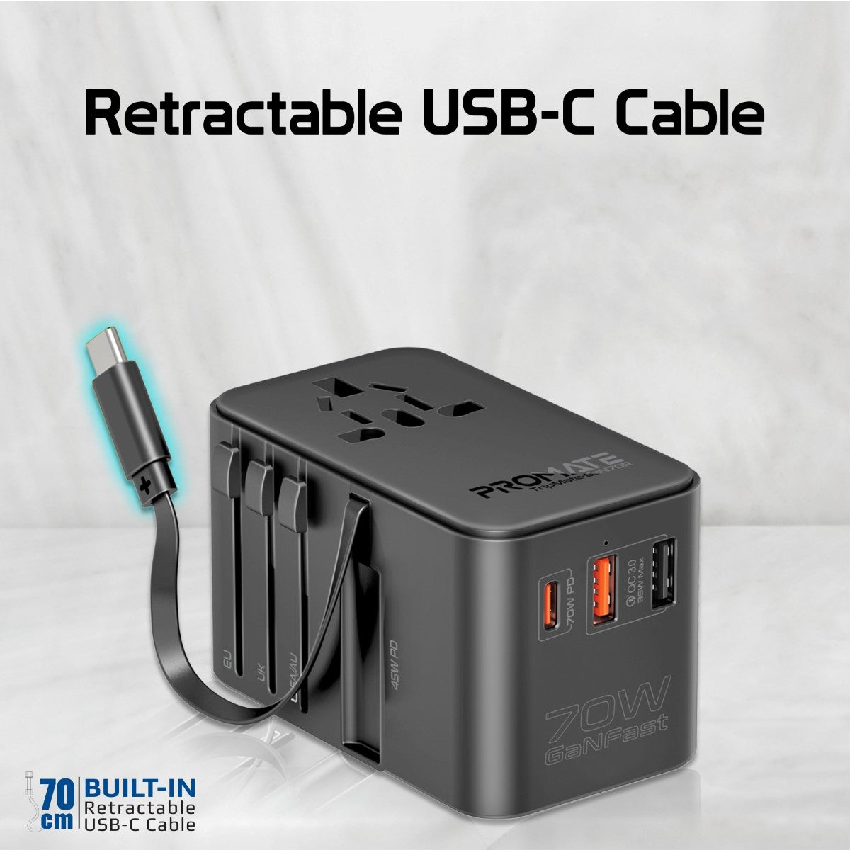 Promate TripMate GaN70R retractable cable and ports