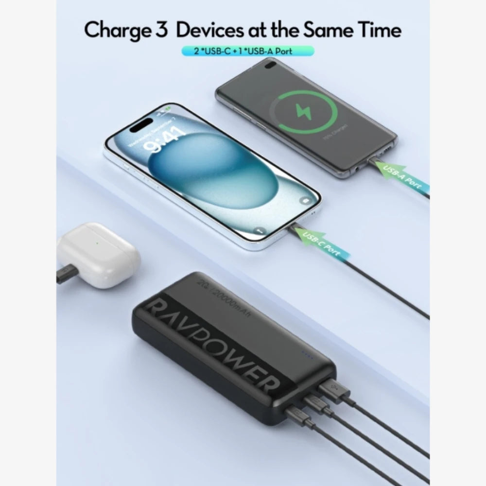 RAVPower 20W PD Pioneer Power Bank – 3-Port Fast Charging