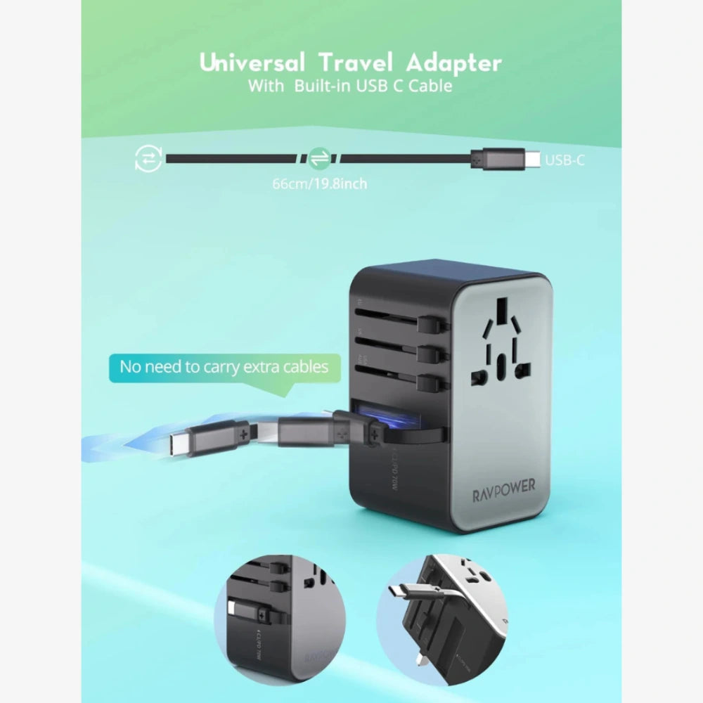 RAVPower 3-Port Travel Charger with Built-In Cable