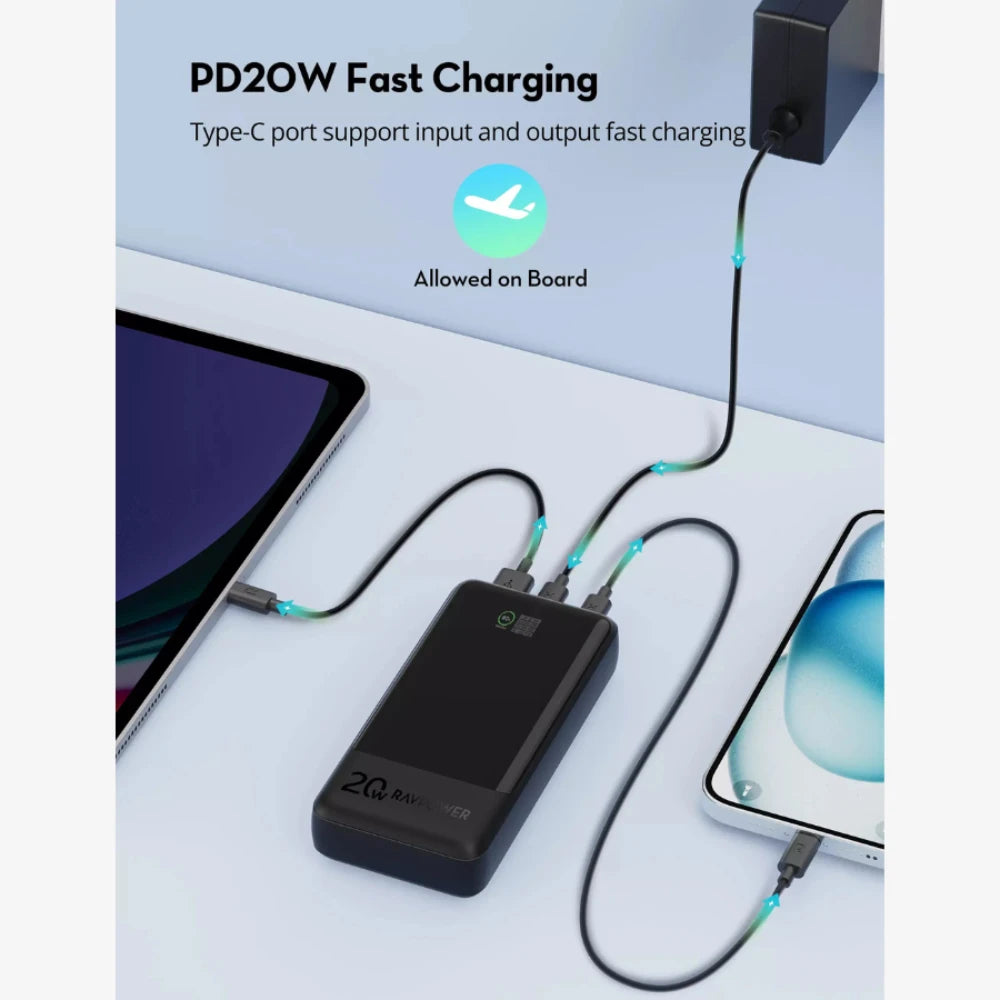 RAVPower 20000mAh PD Pioneer Power Bank – 3-Port Fast Charging