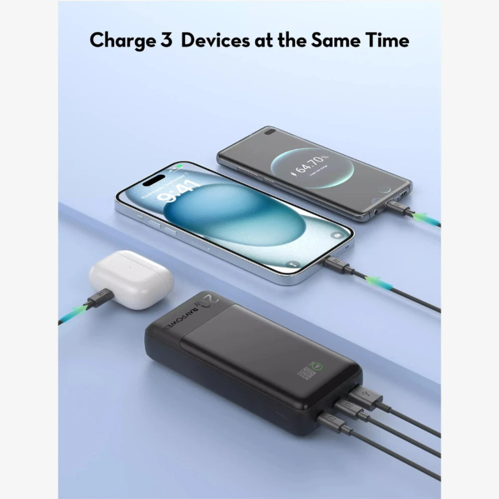 RAVPower 20000mAh PD Pioneer Power Bank – 3-Port Fast Charging