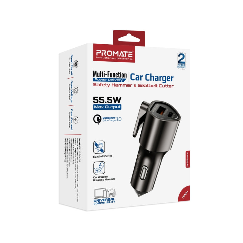 Promate VoltGuard 55.5W Multi-Function Car Charger with Emergency Tools