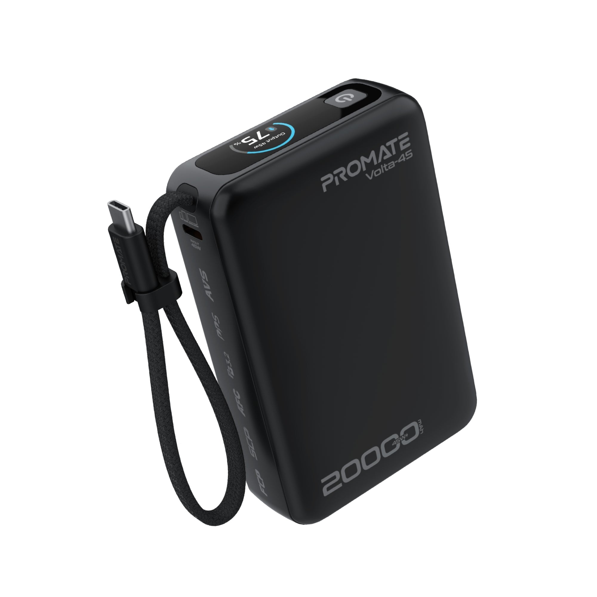 Promate Volta-45 20000mAh 45W PD Power Bank with Built-In USB-C Cable
