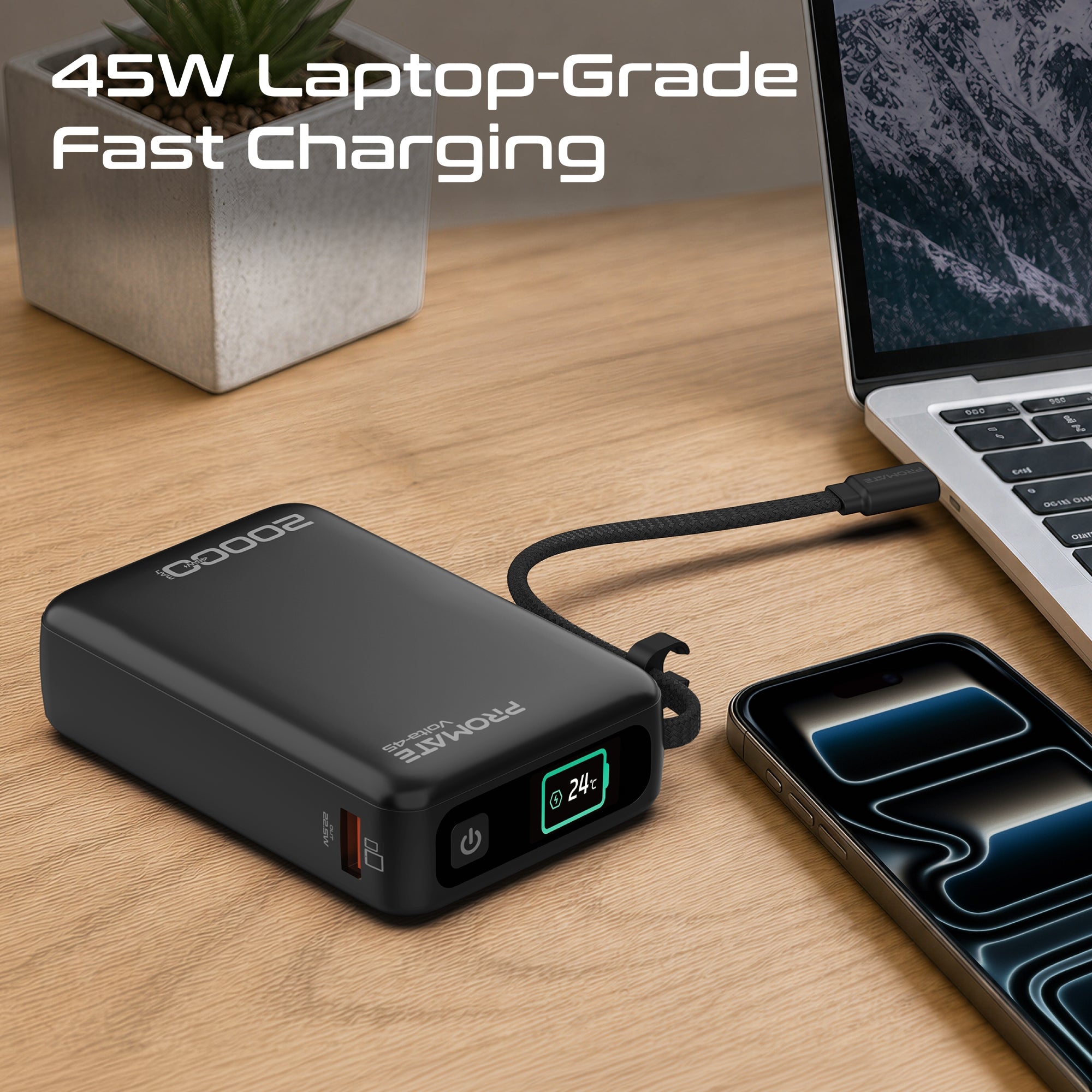Promate Volta-45 20000mAh 45W PD Power Bank with Built-In USB-C Cable