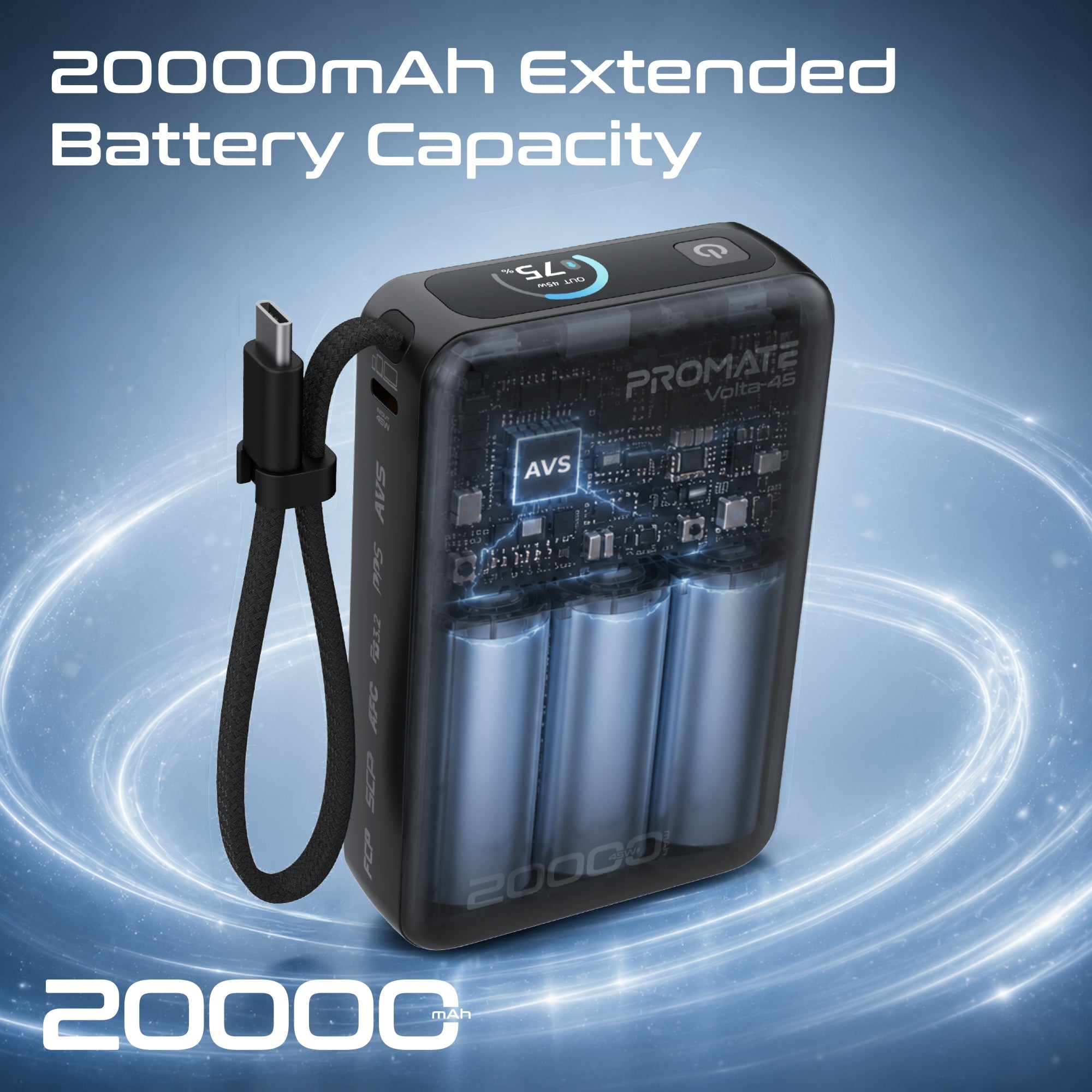 Promate Volta-45 20000mAh 45W PD Power Bank with Built-In USB-C Cable