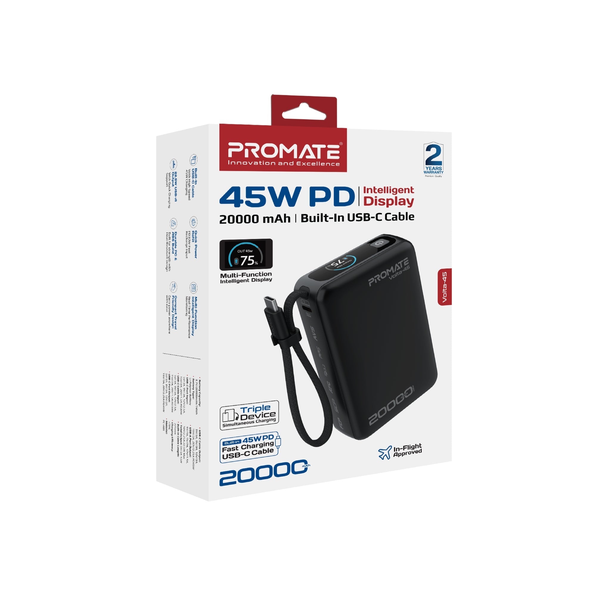 Promate Volta-45 20000mAh 45W PD Power Bank with Built-In USB-C Cable