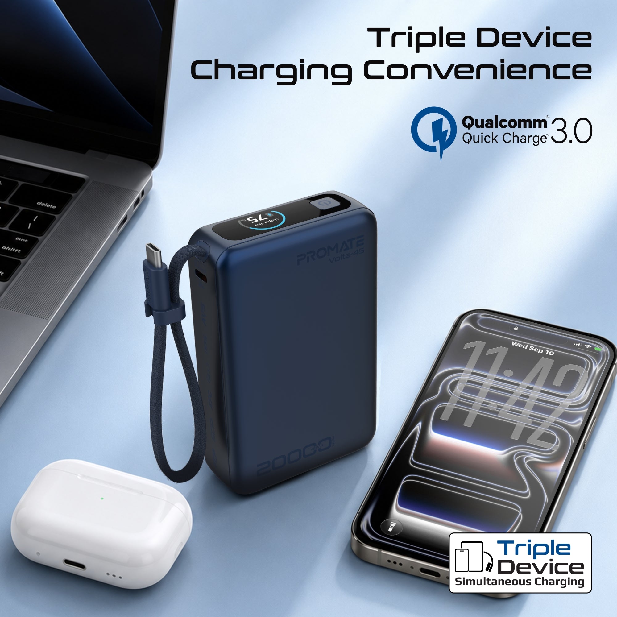 Promate Volta-45 20000mAh 45W PD Power Bank with Built-In USB-C Cable