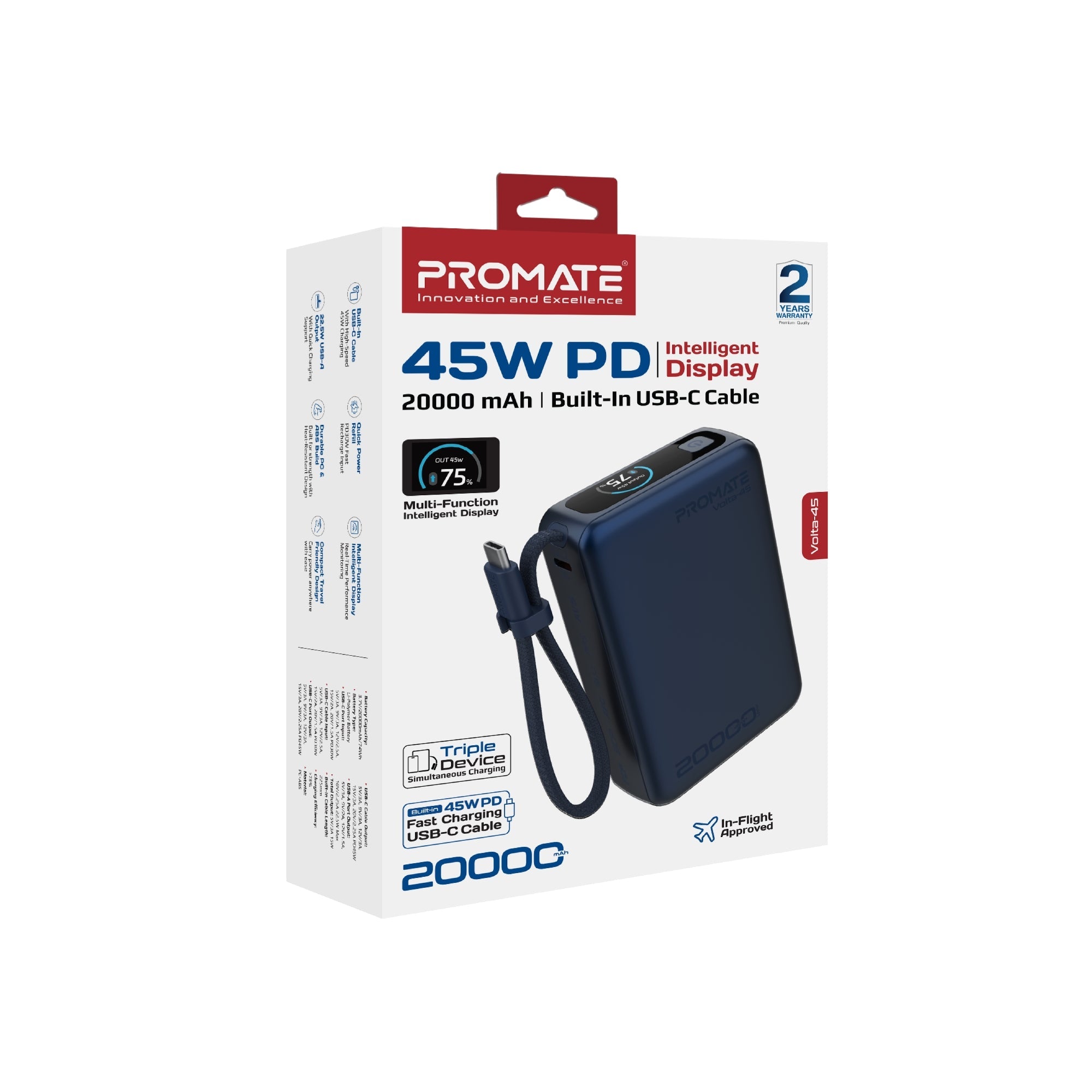 Promate Volta-45 20000mAh 45W PD Power Bank with Built-In USB-C Cable