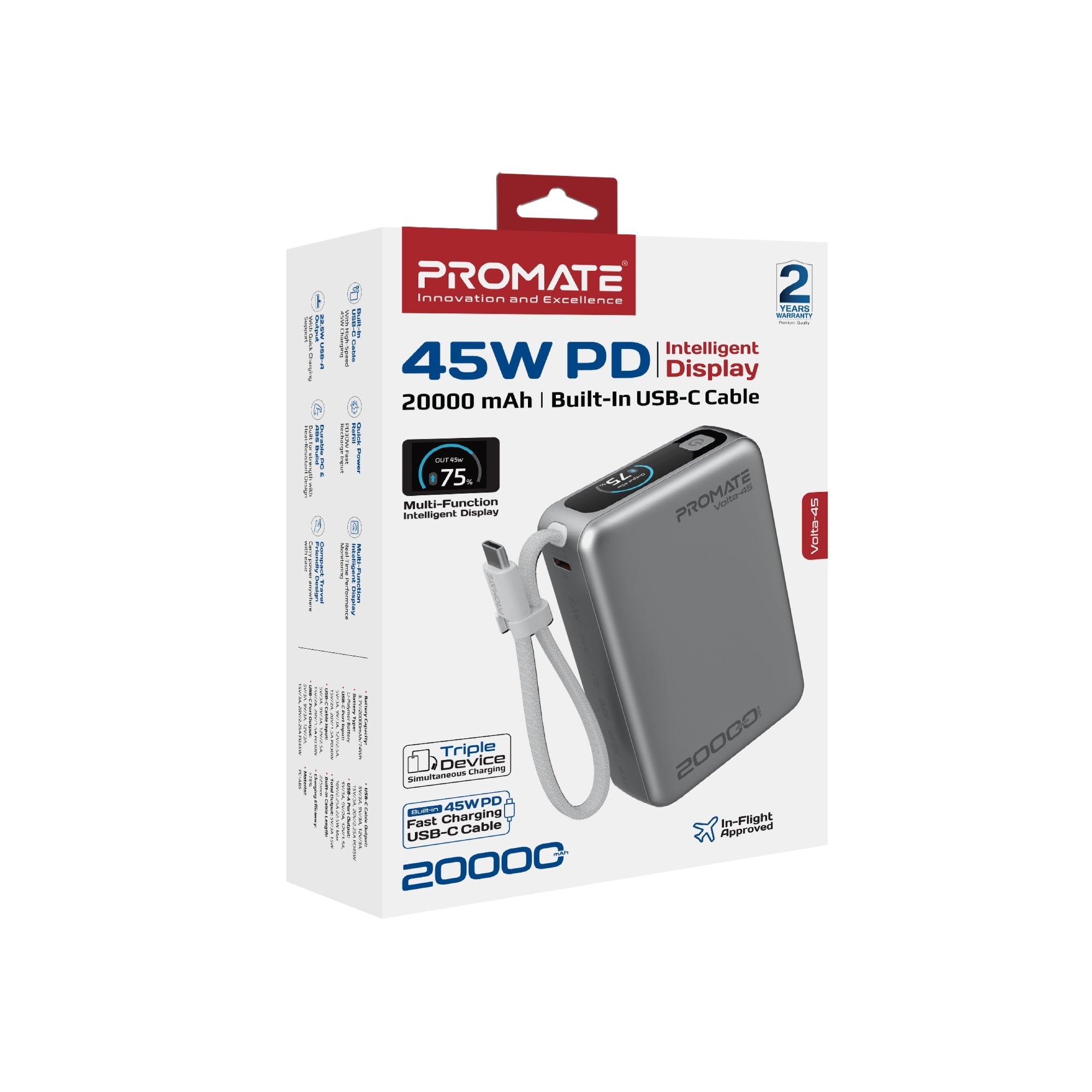 Promate Volta-45 20000mAh 45W PD Power Bank with Built-In USB-C Cable