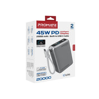 Promate Volta-45 20000mAh 45W PD Power Bank with Built-In USB-C Cable