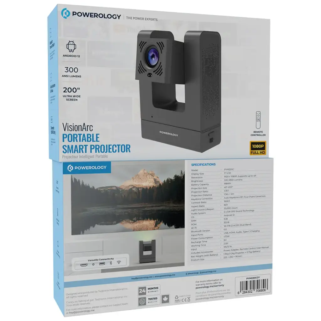 Powerology VisionArc Portable Smart Projector — Full HD Android 12 Gray