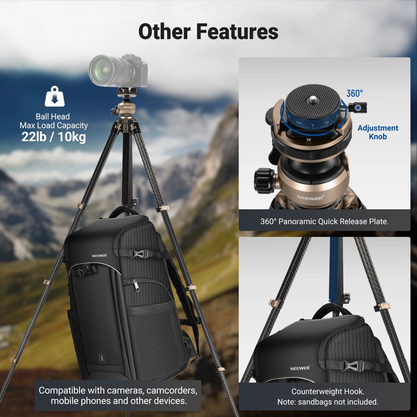 Neewer LT35 Carbon Fiber Travel Tripod with 360° Panorama Ball Head