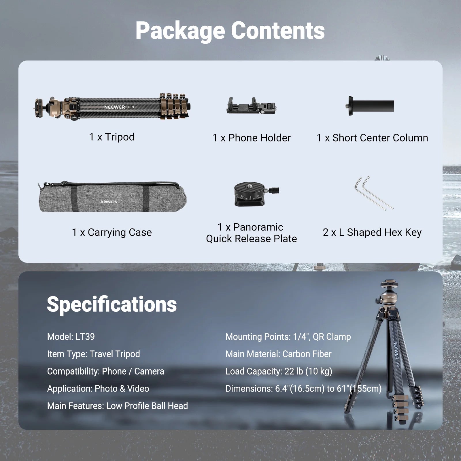 Neewer LT35 Carbon Fiber Travel Tripod with 360° Panorama Ball Head