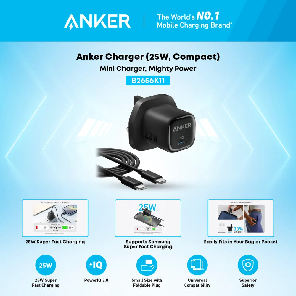 Anker B2656 25W USB-C Compact Wall Charger with USB-C Cable