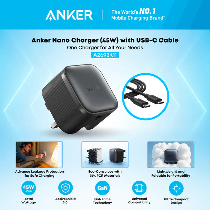 Anker Nano Charger (45W) with USB-C Cable- Black
