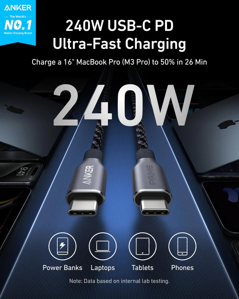 Anker Prime USB-C to USB-C Cable (240W, Upcycled-Braided) Black | 3ft & 6ft