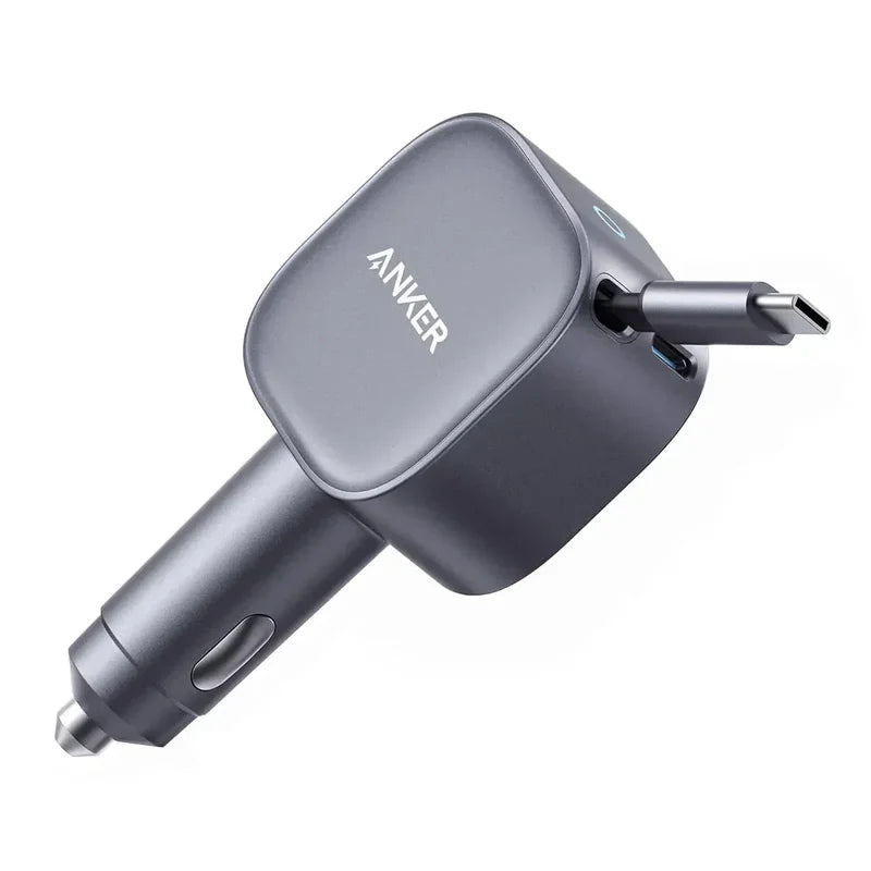 Anker Nano Car Charger (75W, USB-C Port, Built-In Retractable USB-C Cable) Gray