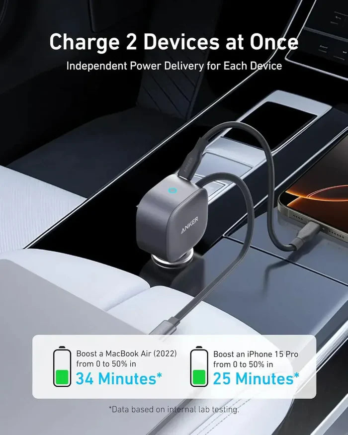 Anker Nano Car Charger (75W, USB-C Port, Built-In Retractable USB-C Cable) Gray