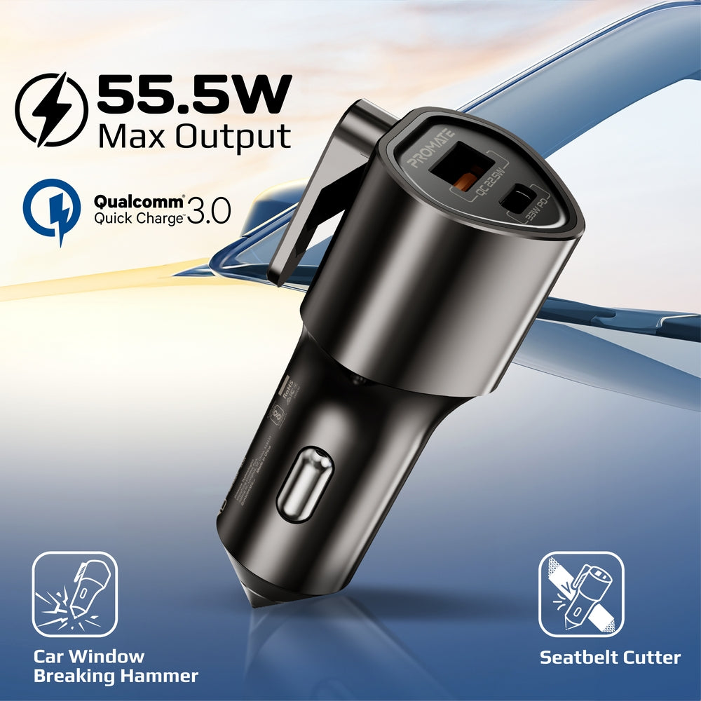 Promate VoltGuard 55.5W Emergency Multi-Function Car Charger