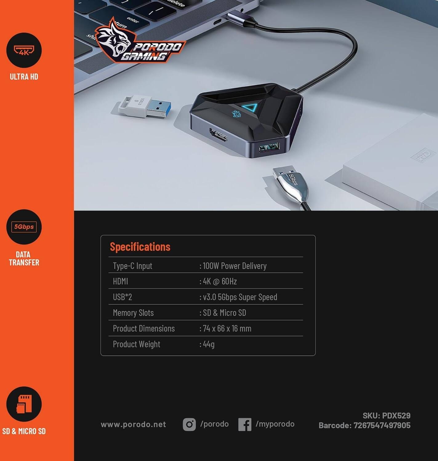 Porodo Gaming 6-in-1 USB-C Hub 100W PD