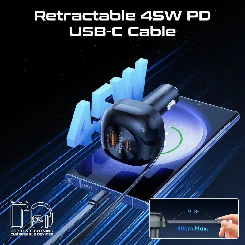 Promate PowerDrive-RC65 Retractable Cable Car Charger