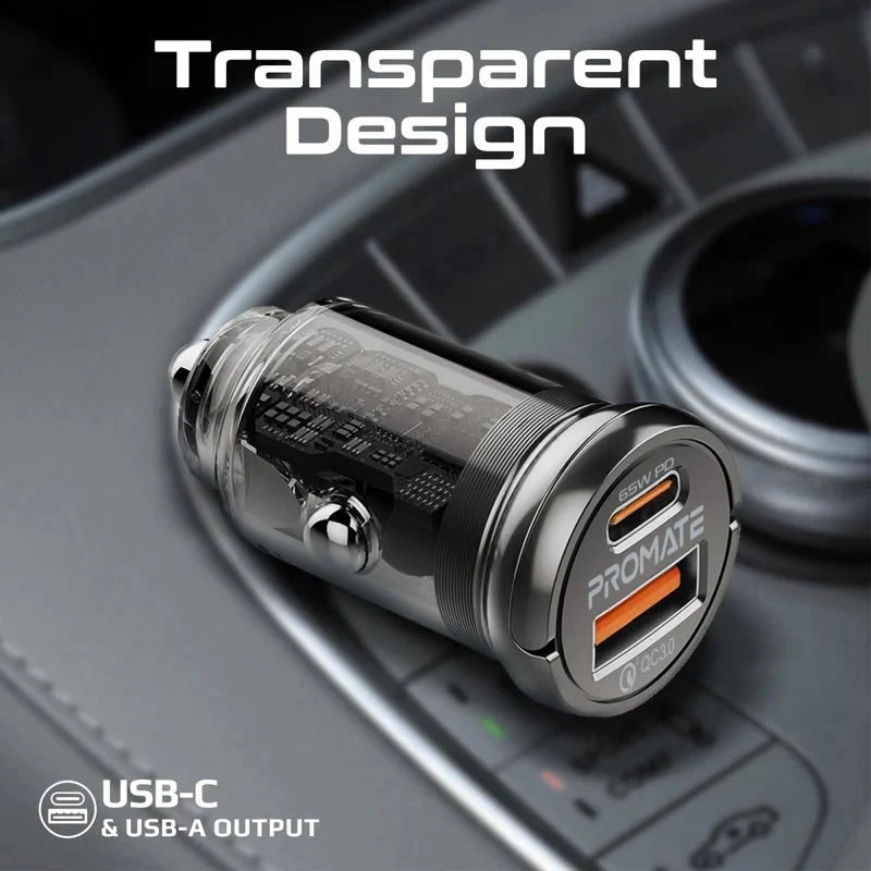 Promate TransDrive-65W Transparent Quick Charging Car Charger