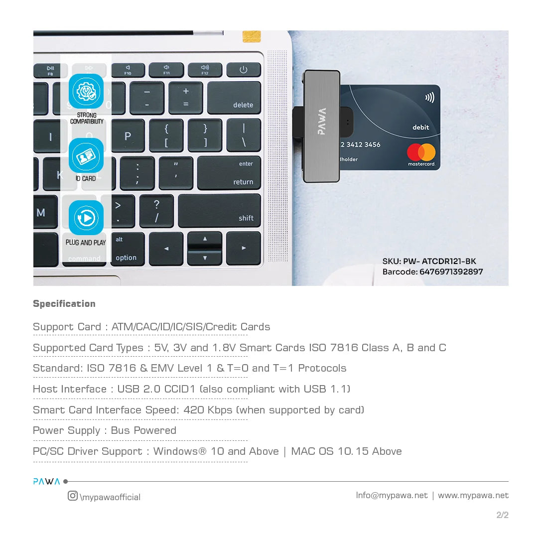 Pawa Mini Single Slot Smart Card Reader with Type-C Connector
