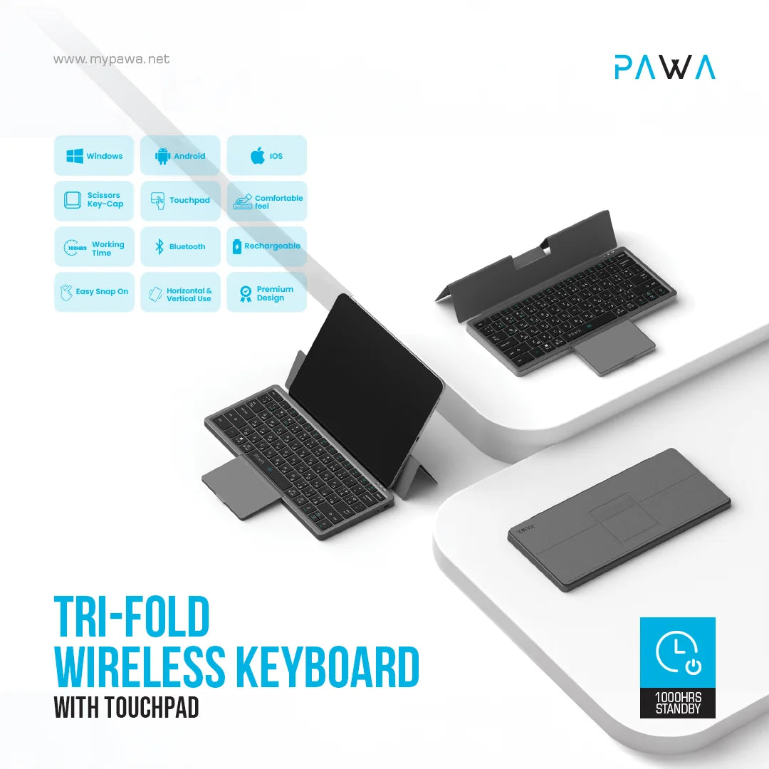 Pawa PW-PKW2T5F1-GY Tri-Fold Wireless Keyboard with Touchpad