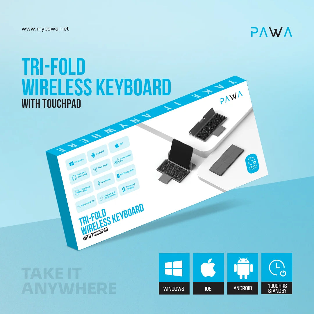 Pawa PW-PKW2T5F1-GY Tri-Fold Wireless Keyboard with Touchpad