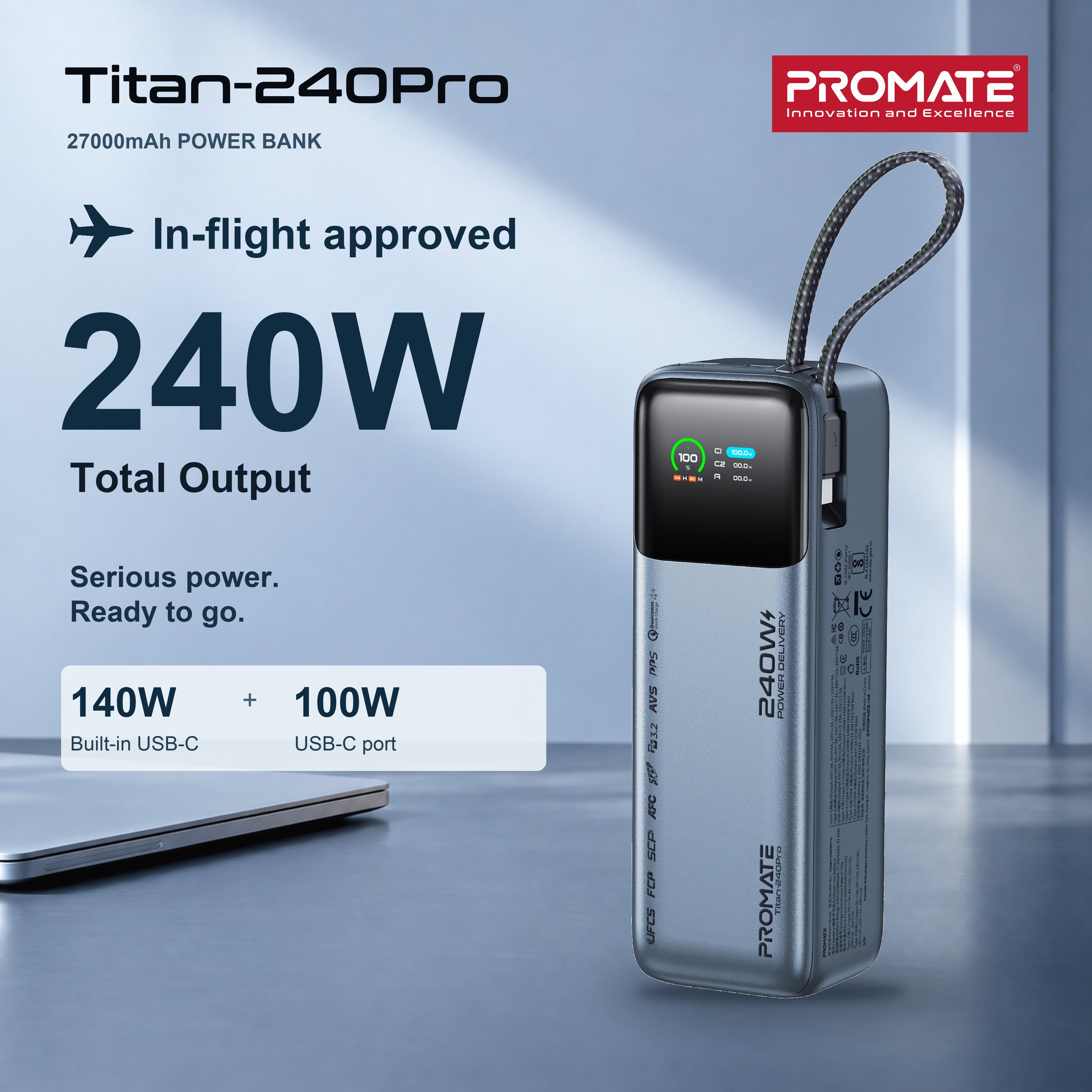 Promate Titan-240Pro 27000mAh 240W Power Bank with TFT Display
