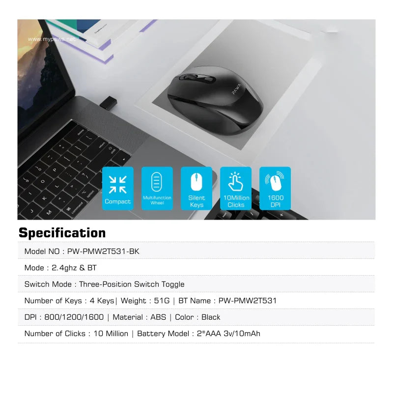 Pawa PW-PMW2T531-BK Dual-Mode Wireless Mouse
