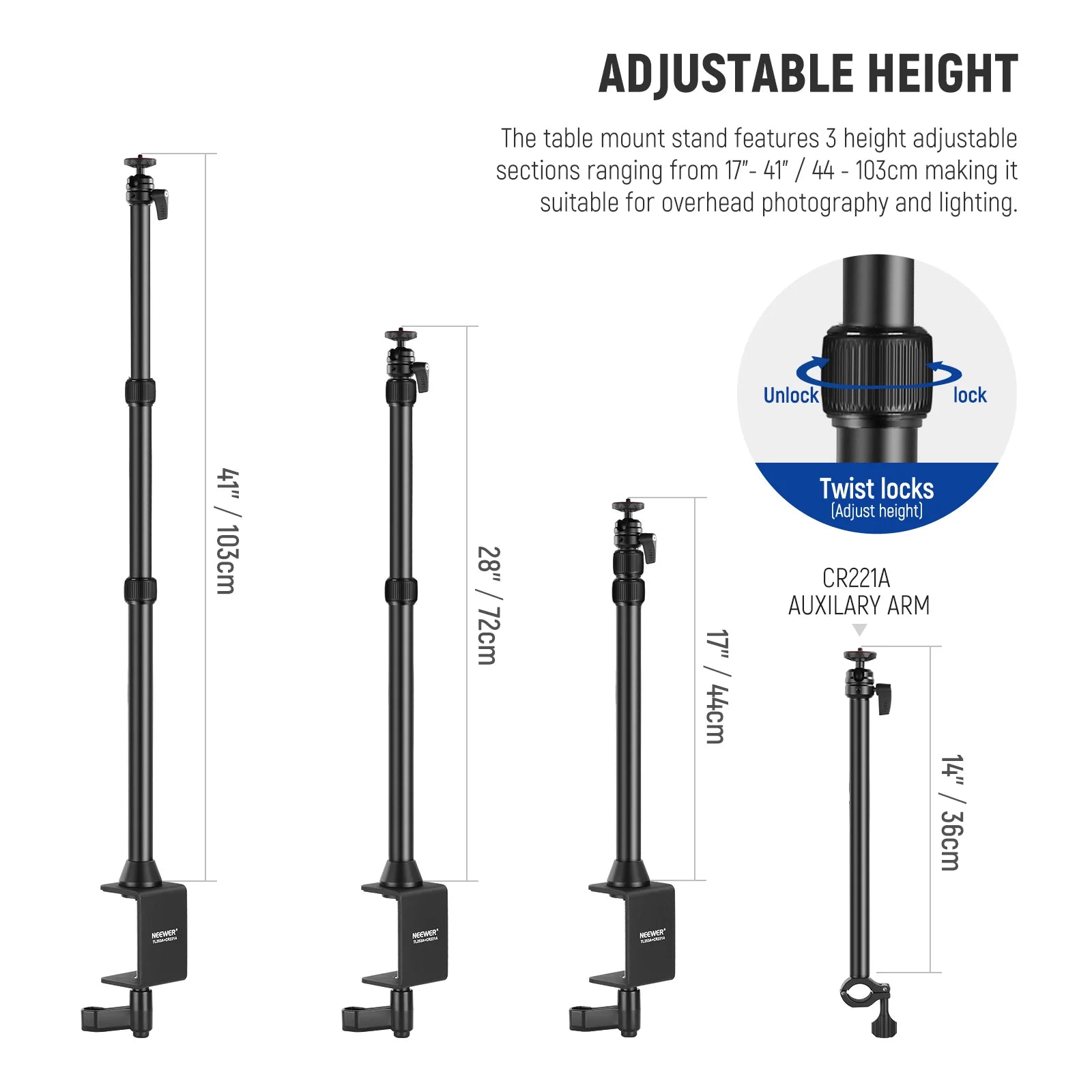 Neewer TL253A Tabletop Stand with Auxiliary Holding Arm