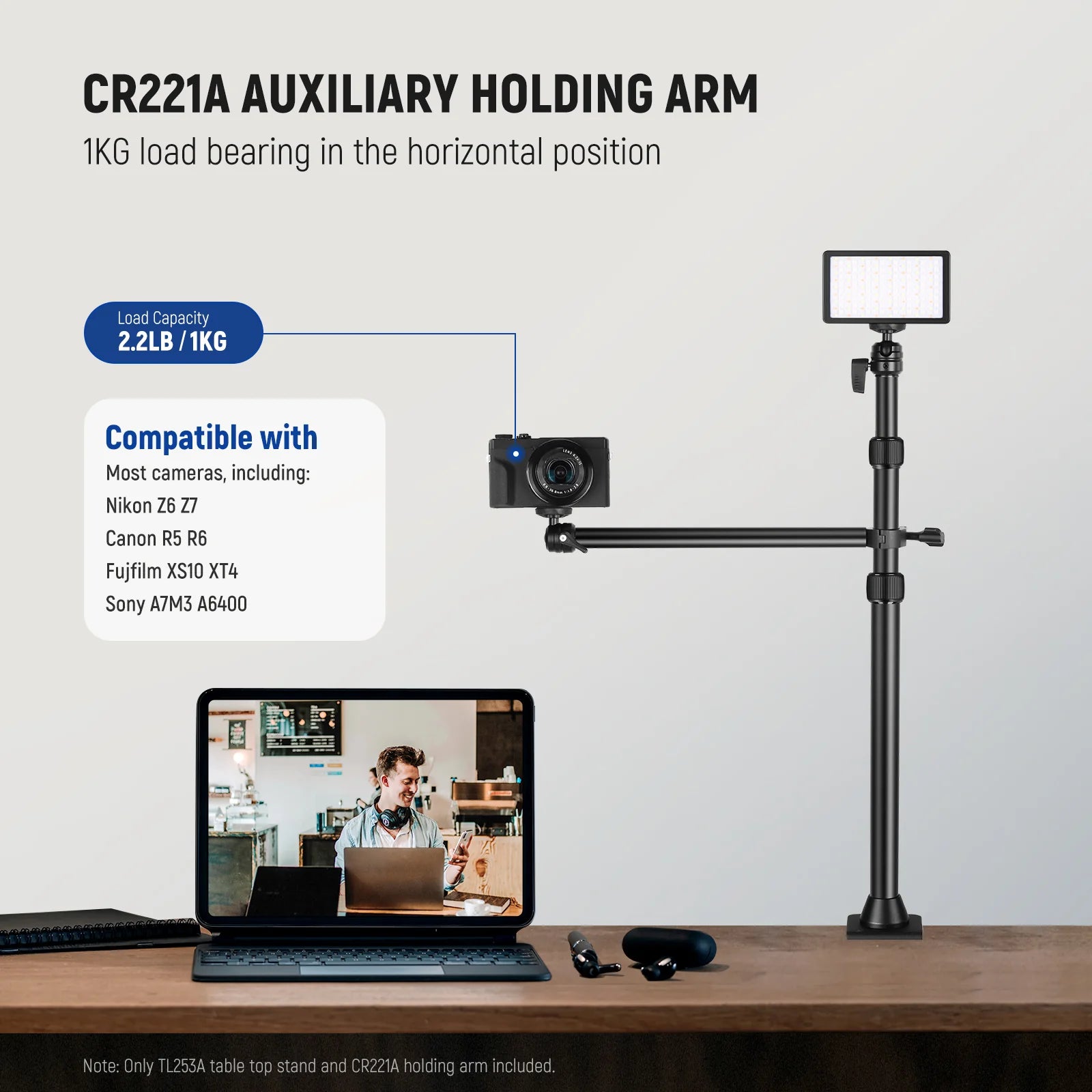 Neewer TL253A Tabletop Stand with Auxiliary Holding Arm