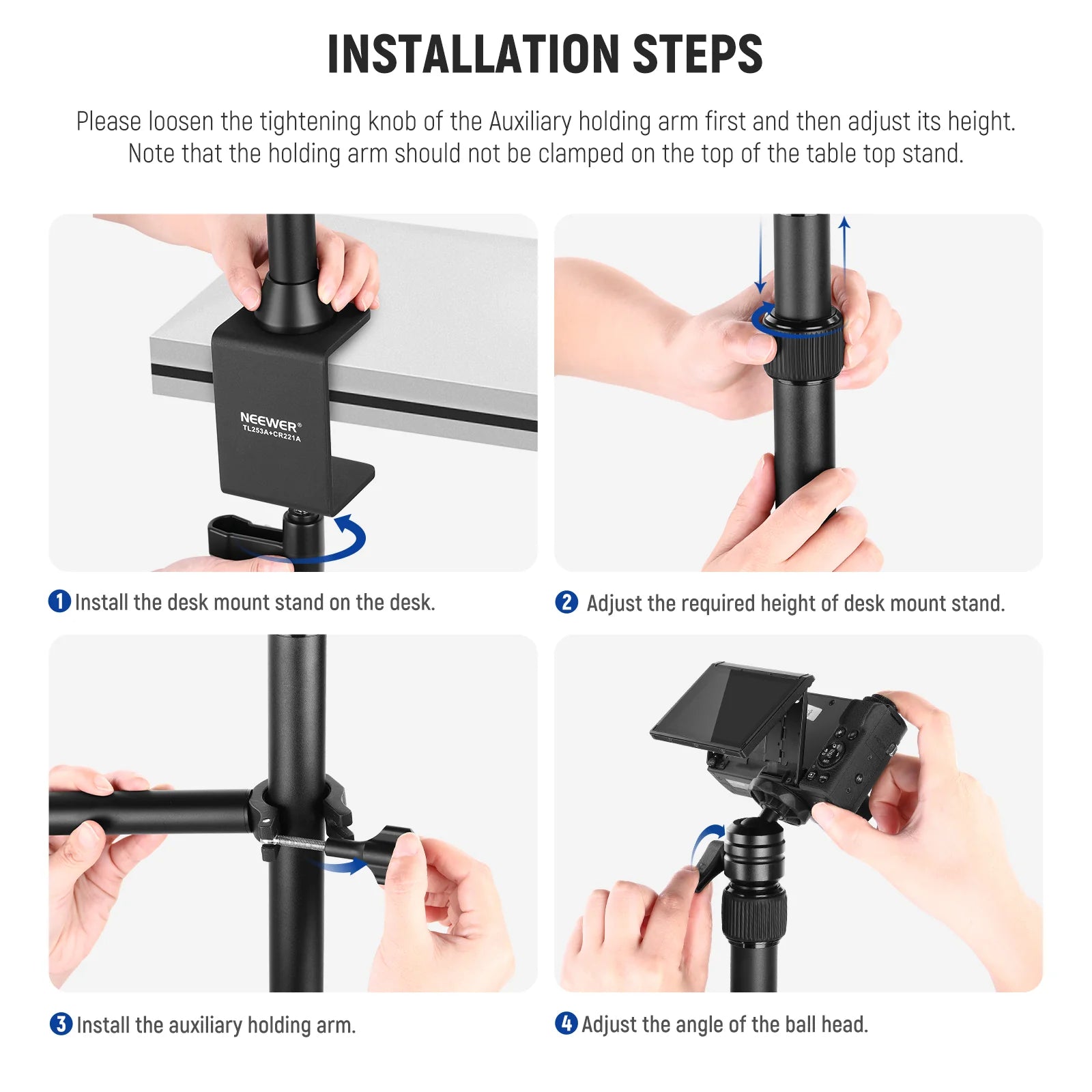 Neewer TL253A Tabletop Stand with Auxiliary Holding Arm