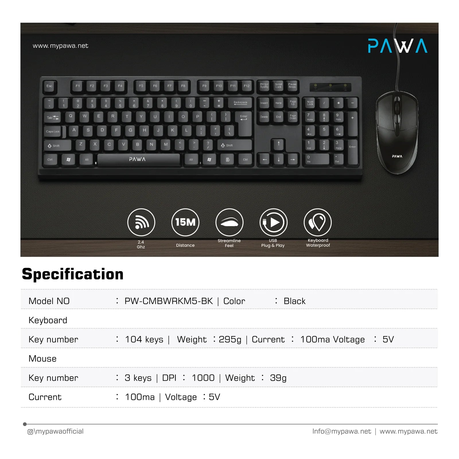 Pawa Wired Office Keyboard & Mouse Set Black