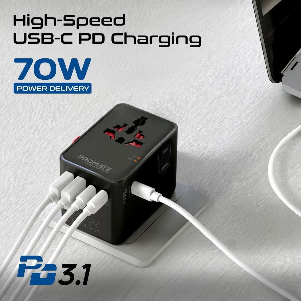 Promate TripMate GaN70Pro 70W Travel Adapter