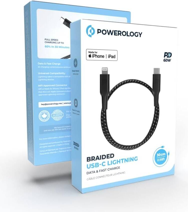 Powerology Braided USB-C to Lightning Fast Charge Cable - 30cm