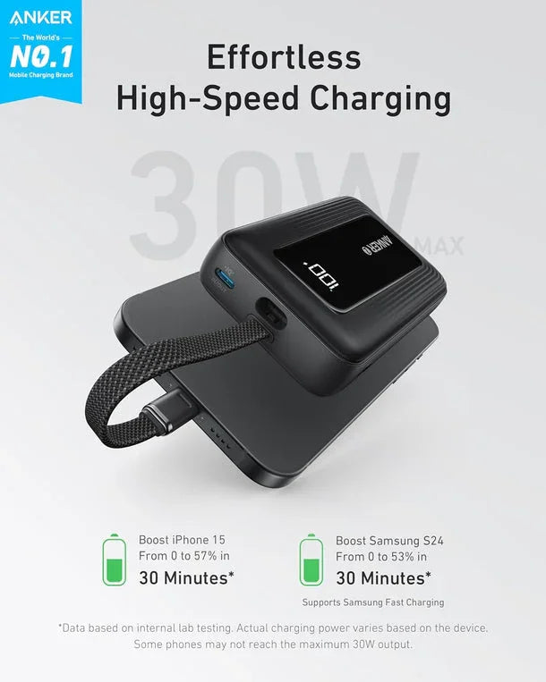 Anker Zolo 10K 30W Power Bank with Built-In USB-C Cable